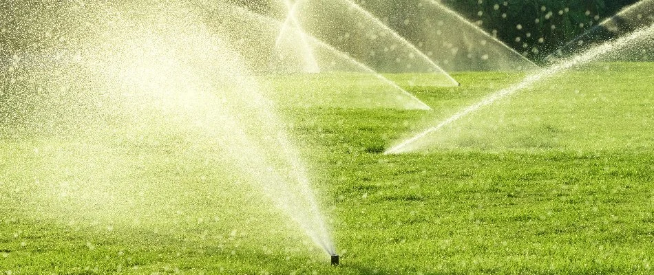 Green lawn in Boulder, CO, with several sprinkler heads.