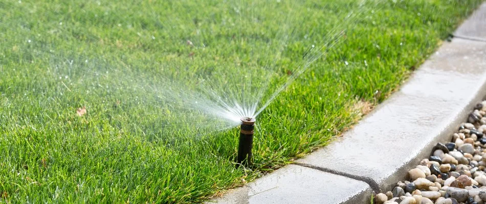 Sprinkler system spraying on lawn near curb in Longmont, CO.